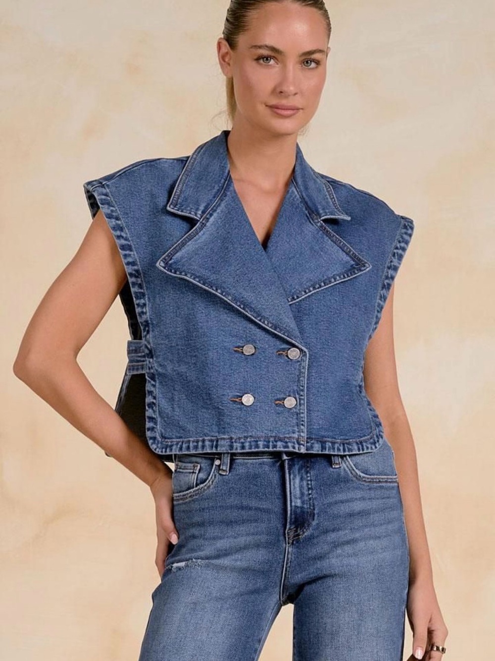 Elan Shortsleeve Denim Double Breast Button Vest Size Small